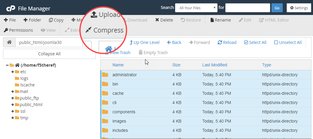 Compress files to take website backup