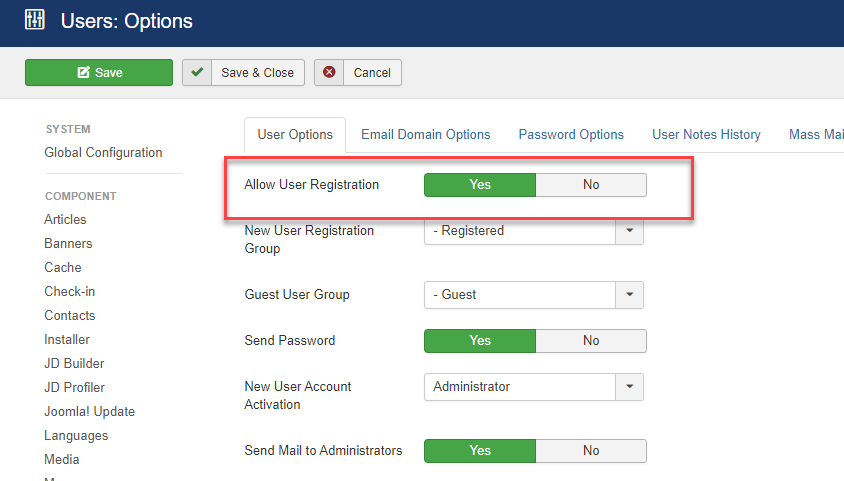 disable the user registration