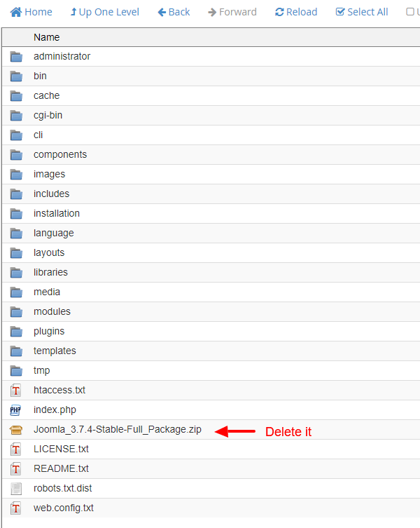 joomla-cpanel-delete-installation-package