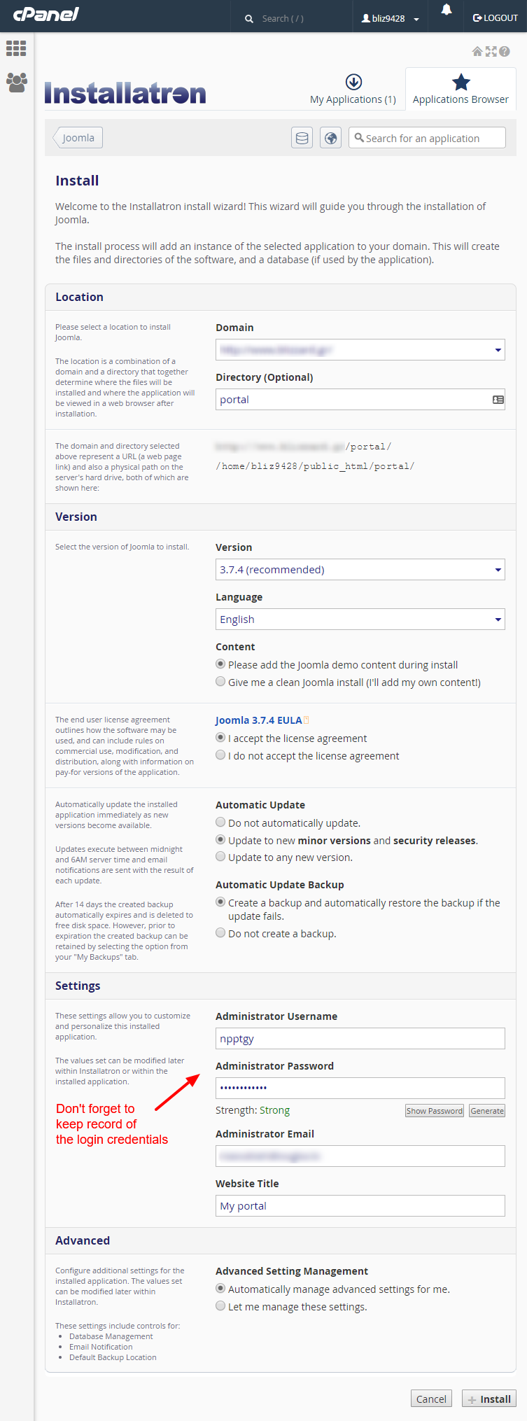 joomla-cpanel-installatron-installation-settings