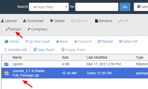 joomla-cpanel-select-zip-and-extract