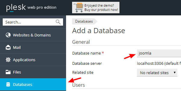 joomla-plesk-create-database