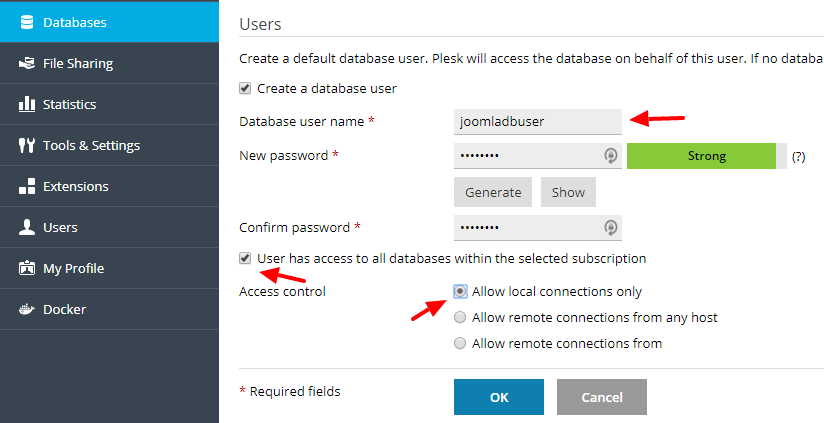 joomla-plesk-database-user-creation