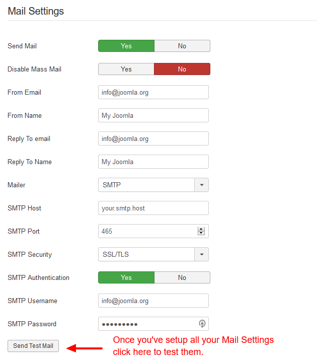 joomla-test-mail-settings