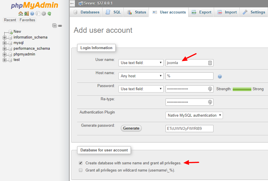 joomla-xampp-create-database-user