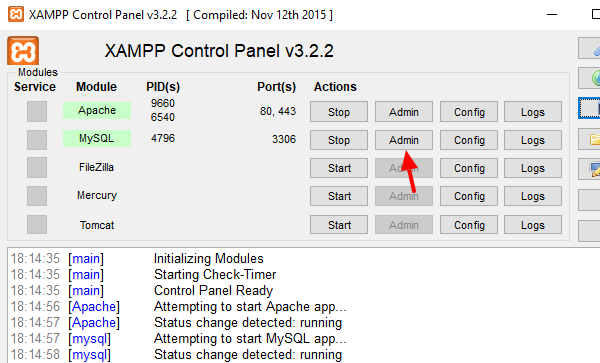 joomla-xampp-mysql-admin-button